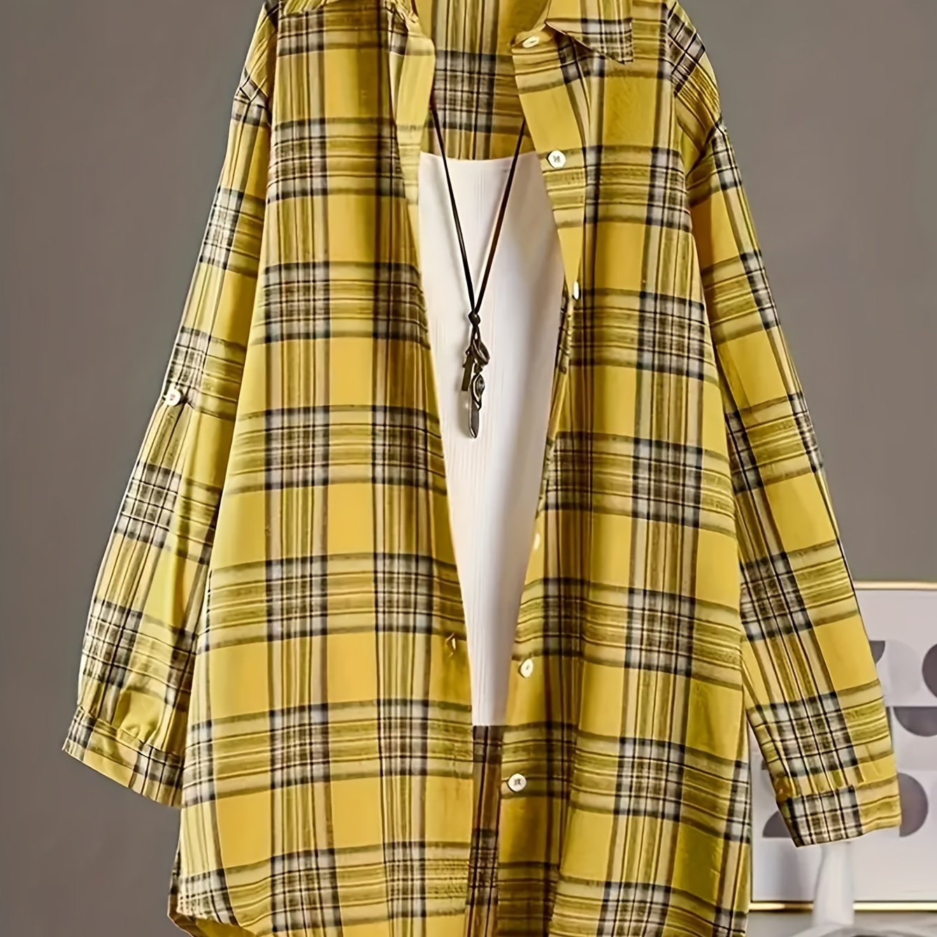 Plus Size Women's Plaid Shirt with Lapel Collar Long Sleeves Dipped Hem Spring Casual