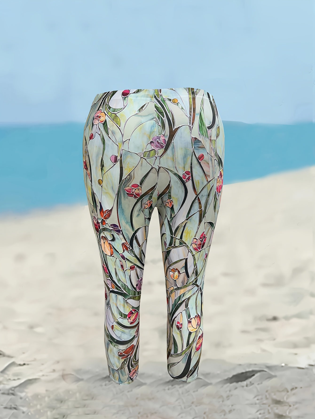 Women's Plus Size Floral Print High-Waisted Capri Leggings Polyester Stretchy Comfortable Summer