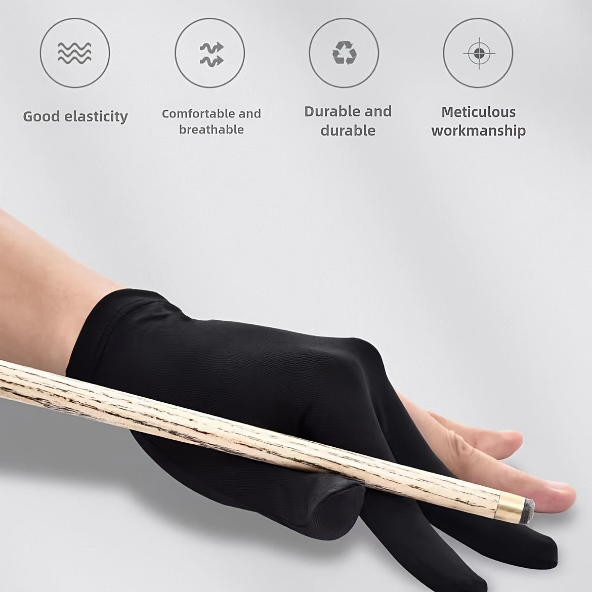 3/6 taqsimlangan qora uch barmoqli bilyard qo'lqoplari chap qo'l uchun mo'ljallangan, yumshoq va qulay, yaxshi nafas olish qobiliyatiga ega, snooker, sakkiz to'p va to'qqiz to'p uchun mos keladi.