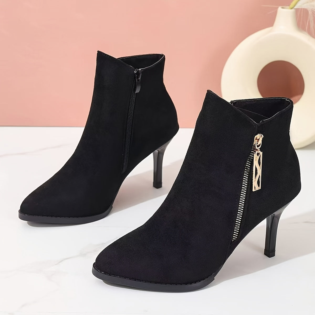 Women's Nubuck Leather Pointed Toe Boots with Zipper, 3-Inch Heel, Slip-Resistant Sole