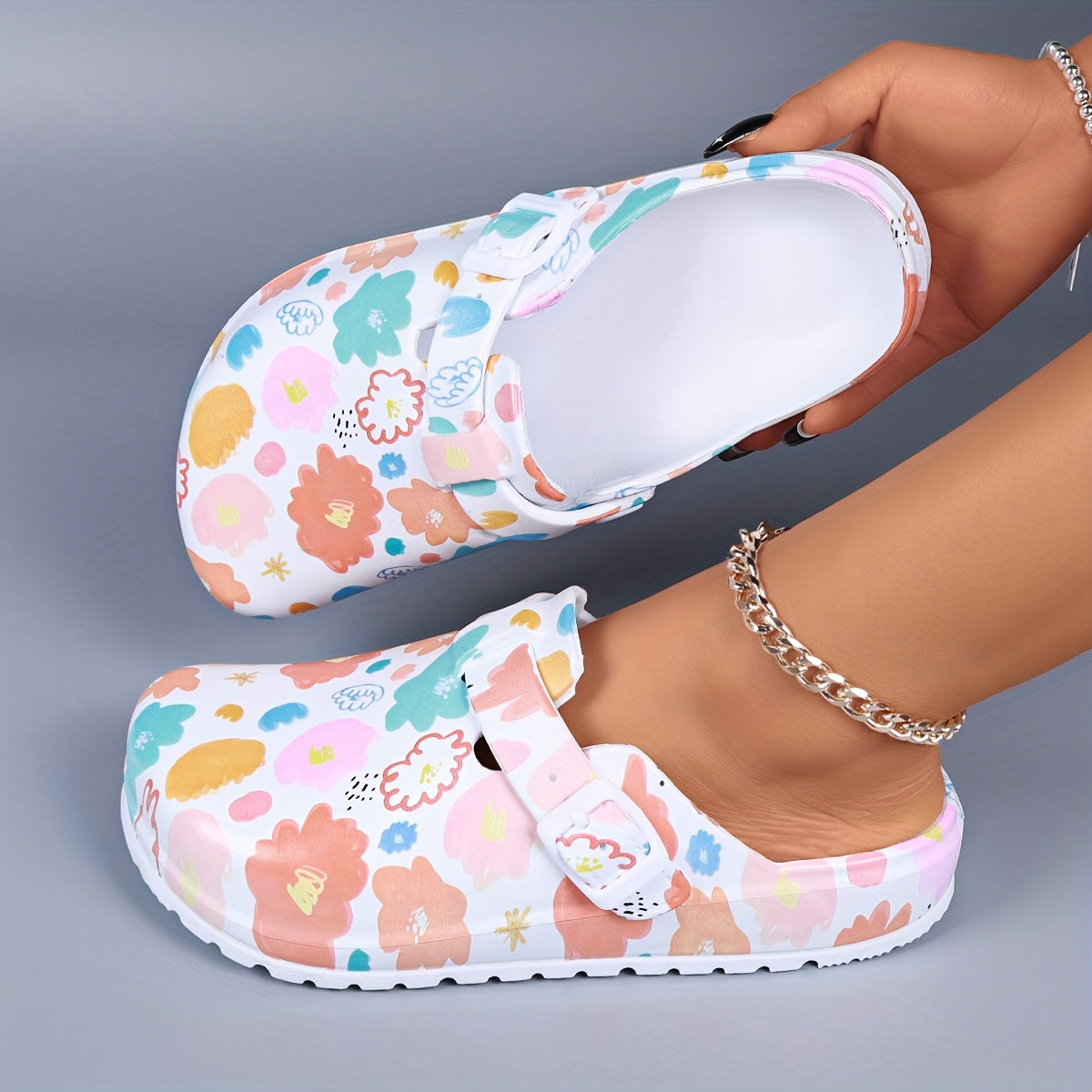 Women’s Floral Print Closed Toe Mules with Adjustable Buckle, EVA Flat Shoes