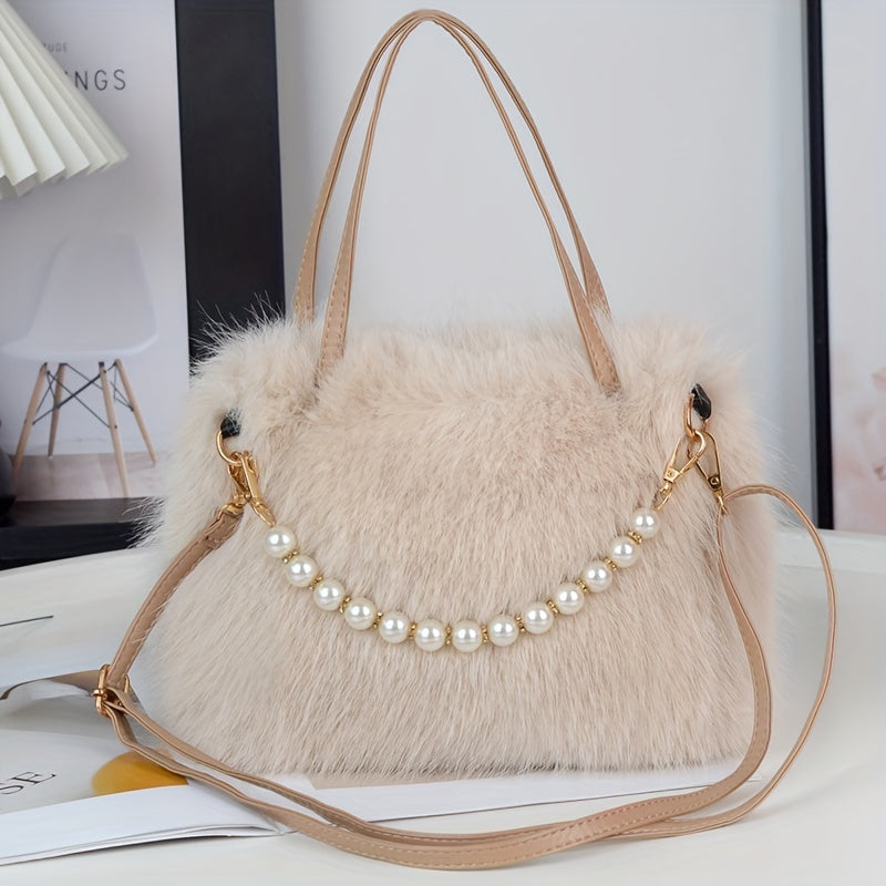 Faux Fur Crossbody Bag for Women with Pearl Accents in Pink Black White Khaki Coffee