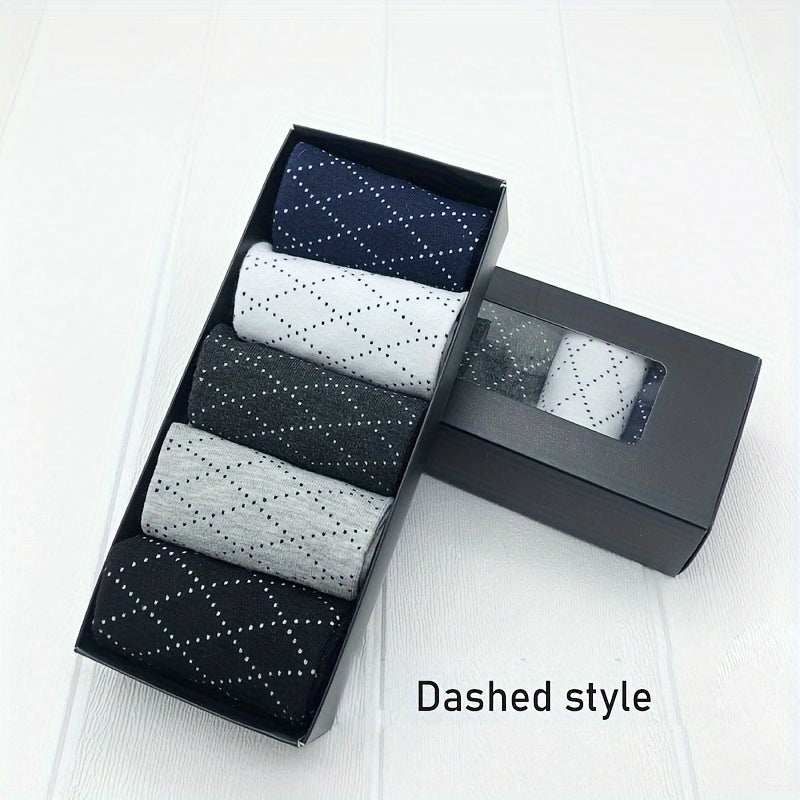 Men's Dress Socks Gift Box 5 Pairs Mid-Calf Solid and Plaid Polyester Hand Wash