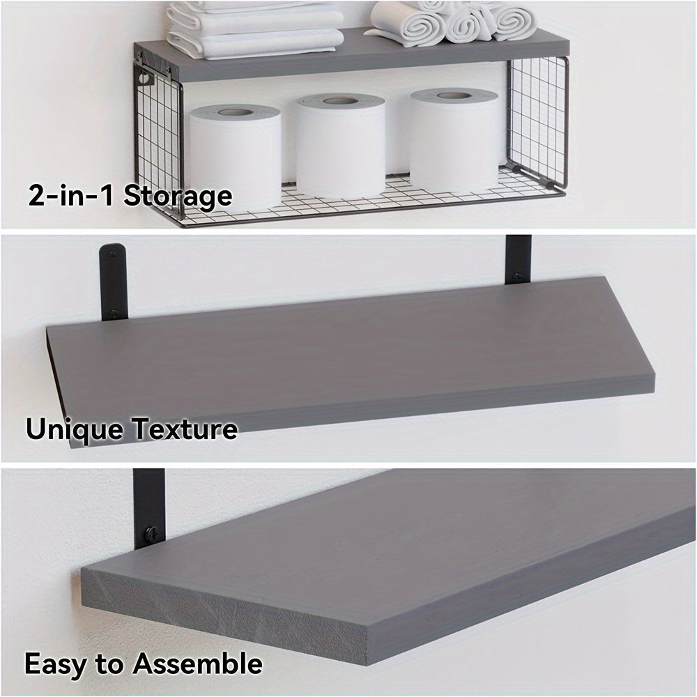Carbon Black Bathroom Floating Shelves with Storage Basket Space-Saving Wall Organizer