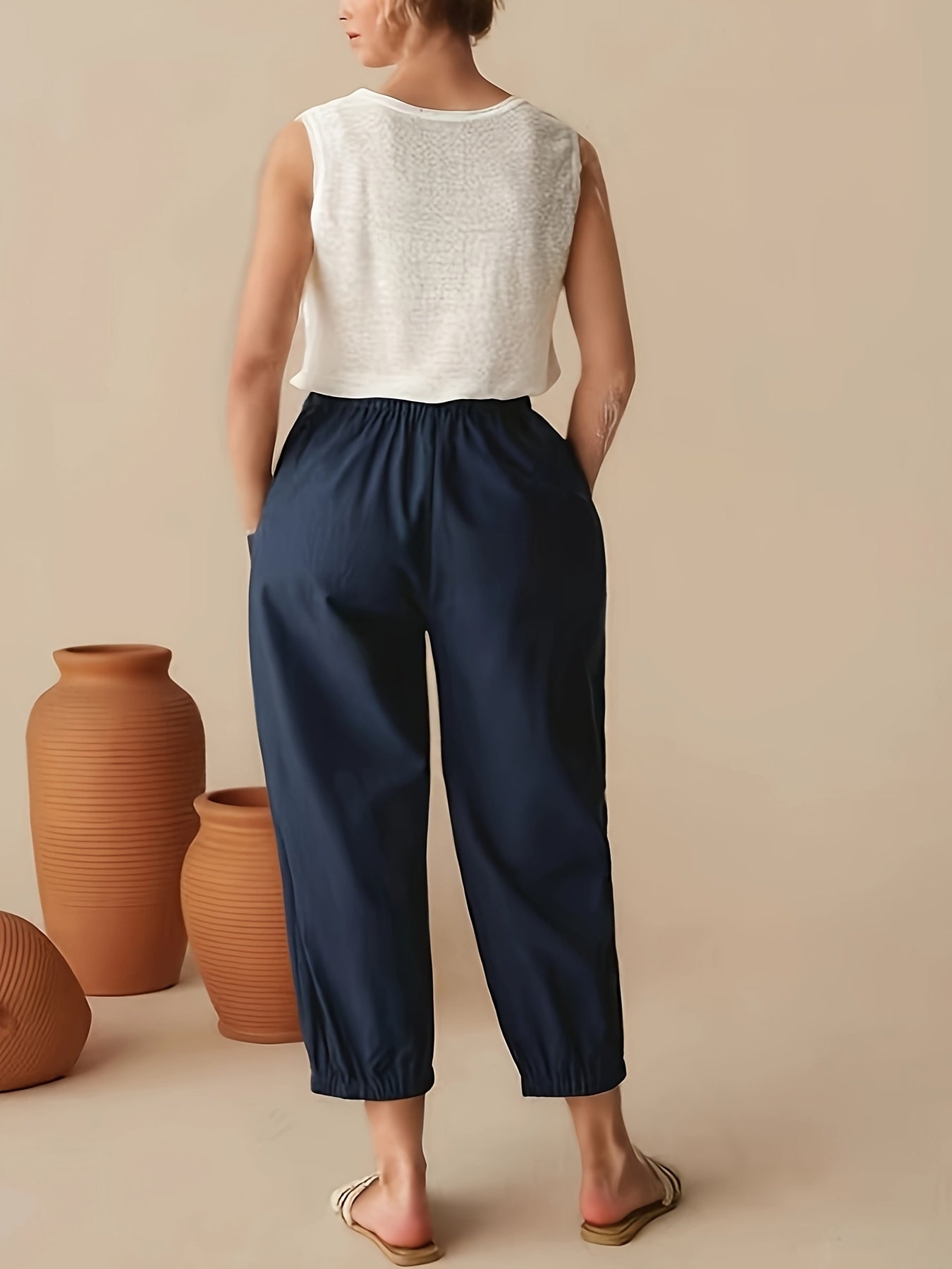 Women's High-Waist Cropped Casual Pants with Pockets Navy Blue