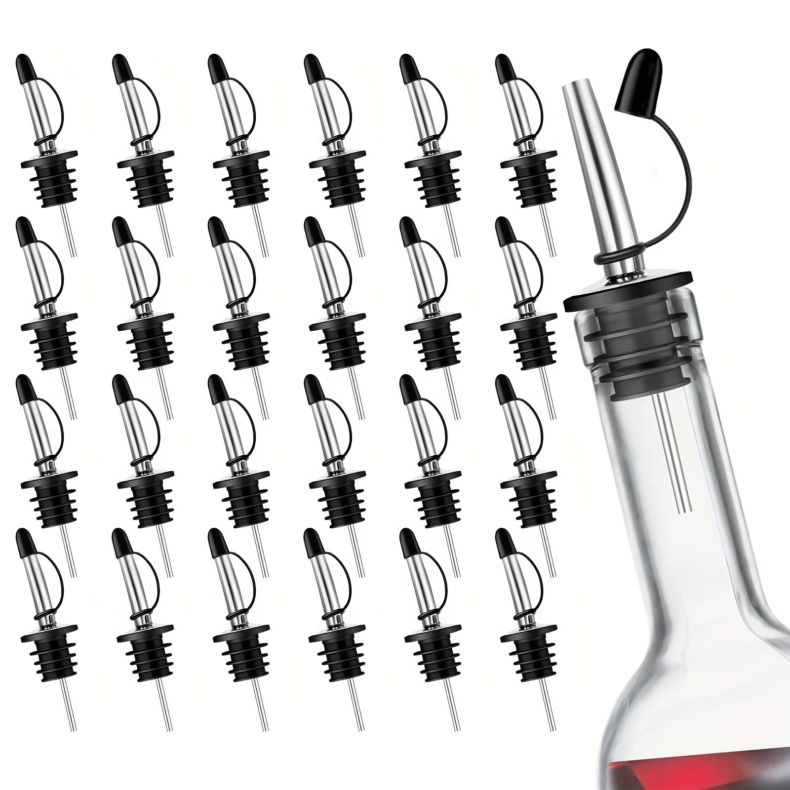 24-Pack Stainless Steel Wine Pourers with Dust Caps for Bartenders and Home Bars