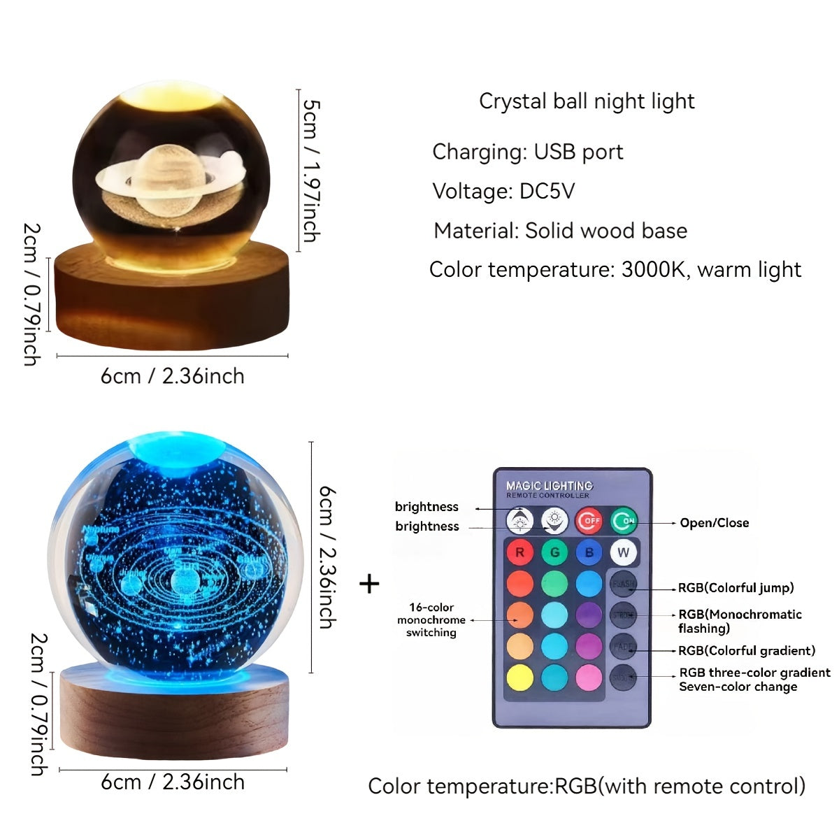 Crystal Ball Night Light with Wooden Base LED Tabletop Lamp for Bedroom Energy Efficient Uplight