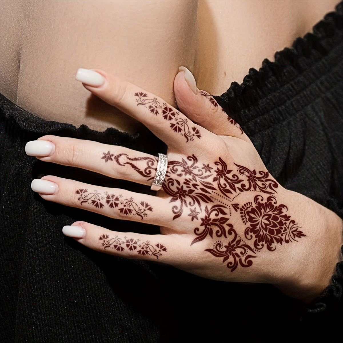4-Pack Red Henna Lace Floral Pattern Temporary Tattoos for Hand and Body