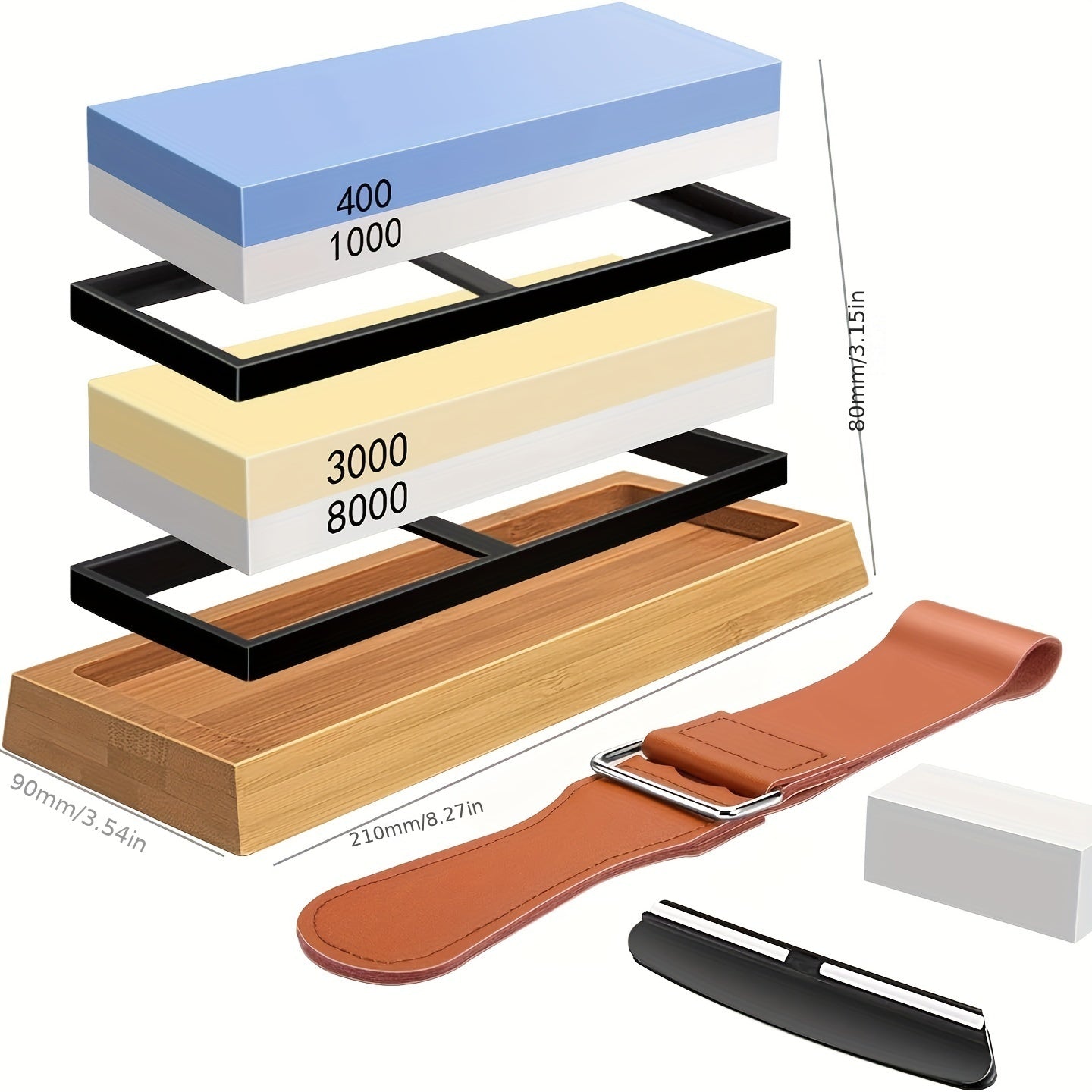 Knife Sharpening Kit 8 Pieces Whetstone Bamboo Holder Angle Guide Strop