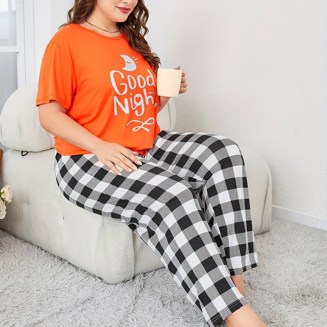 Plus Size Casual Loungewear Set Women's Short Sleeve Top Gingham Pants