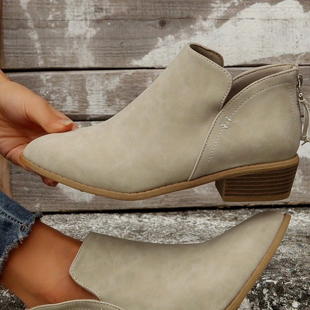 Women's Ankle Chunky Heel Boots Solid Color Pointed Toe Slip-On Low Heel