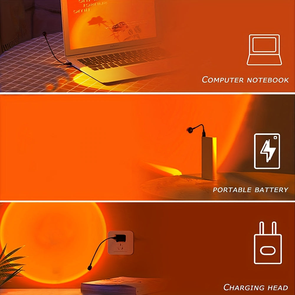 360° Rotating Sunset Projection LED Night Light USB Powered Orange Acrylic Shade Home Decor Bedroom Ambiance