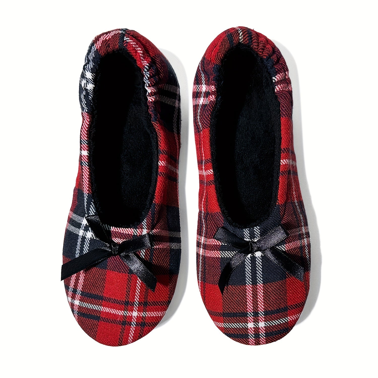 Zapatos planos de ballet de cuadros rojos para mujer con lazo, zapatos cómodos sin cordones