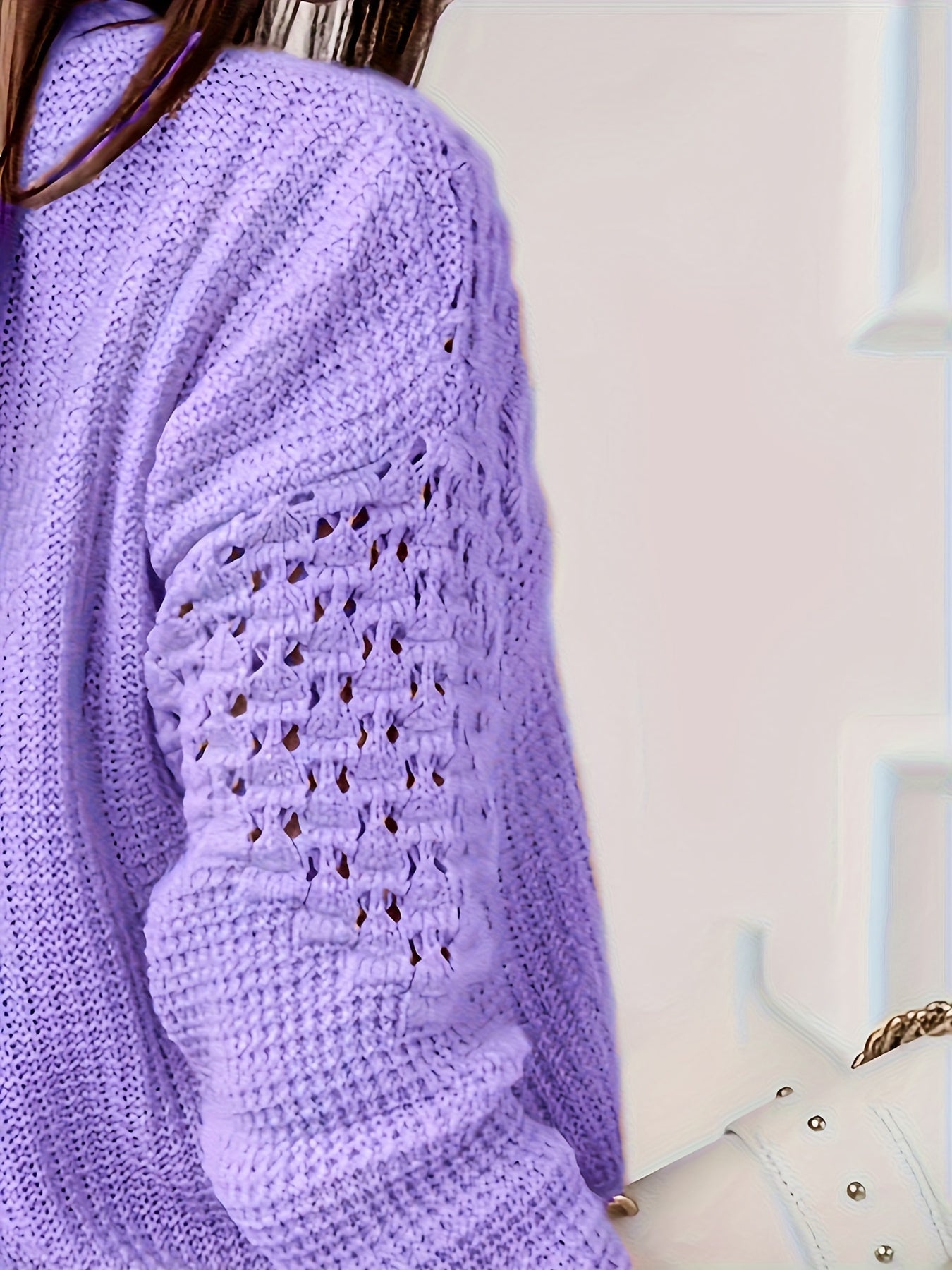 Women's Solid Color Long Sleeve Sweater with Lace Cutouts for Casual and Formal Wear