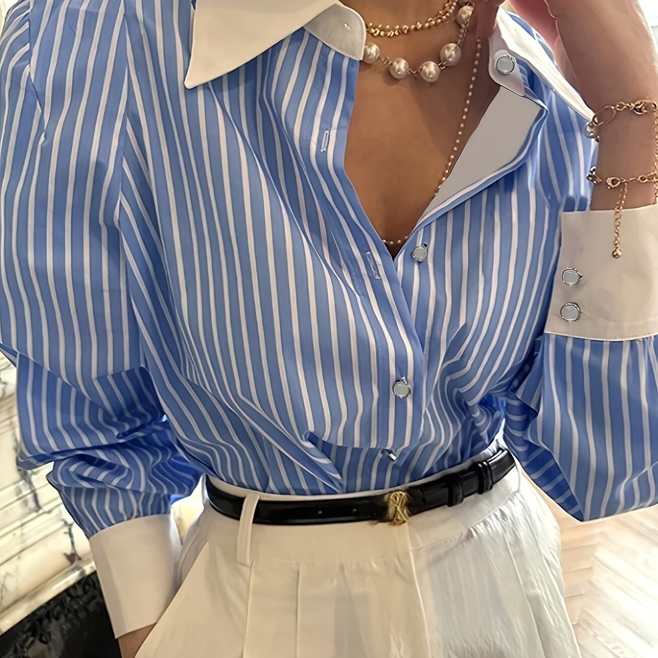 Women's Casual Striped Long Sleeve Shirt Polyester Spandex Button Detail