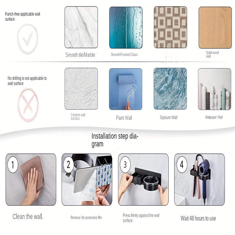 Черный алюминиевый настенный держатель для фена с крючками для ванной или парикмахерской