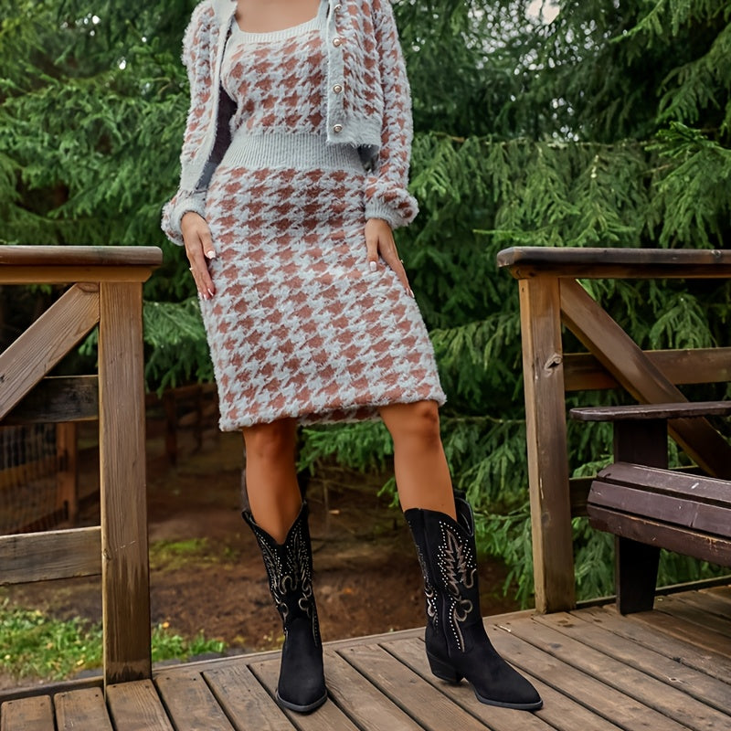 Women's Cowboy Boots Black Embroidered Ankle Zipper Pointed Toe Chunky Heel