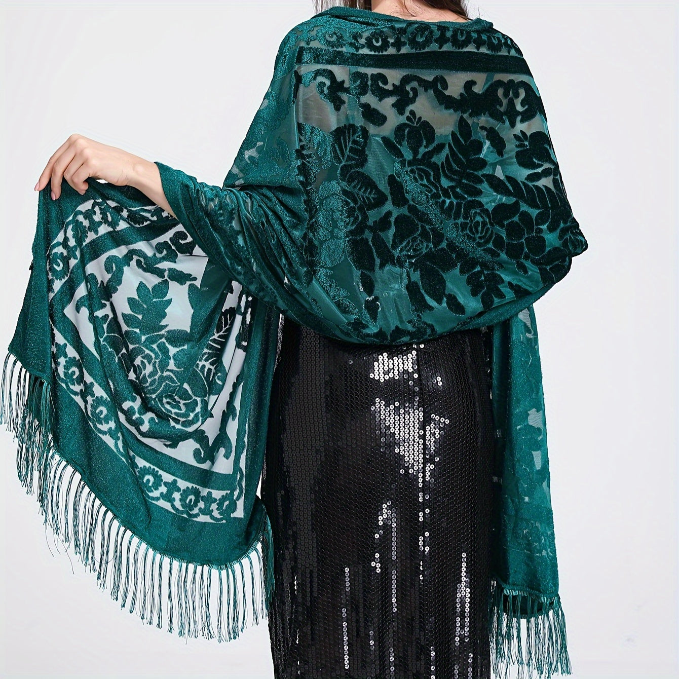 Black Floral Lace Shawl with Tassels and Rose Pattern for Evening Events