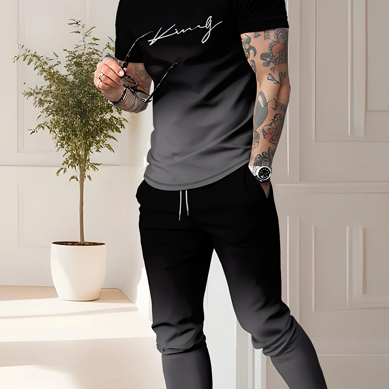 Men's Casual 3D Printed Sports Two Piece Set Polyester Geometric Pattern