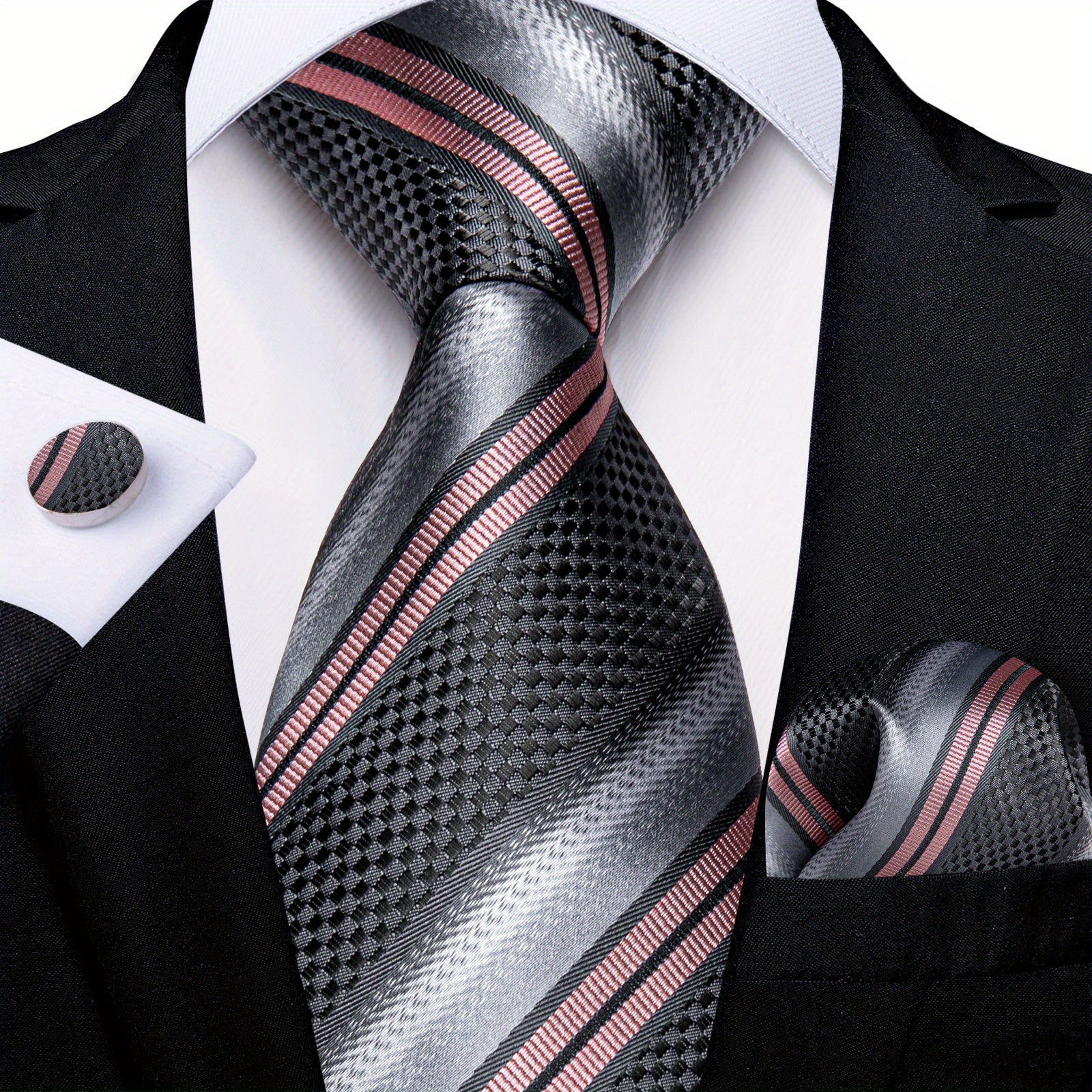 Men's Striped Necktie Set with Handkerchief and Cufflinks for Weddings and Business