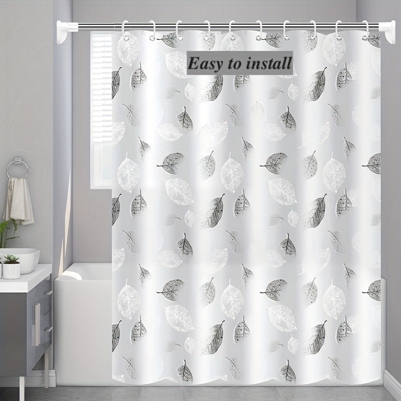 Leaf Pattern Shower Curtain Waterproof Durable Plastic Hooks Grommets Bathroom Decor