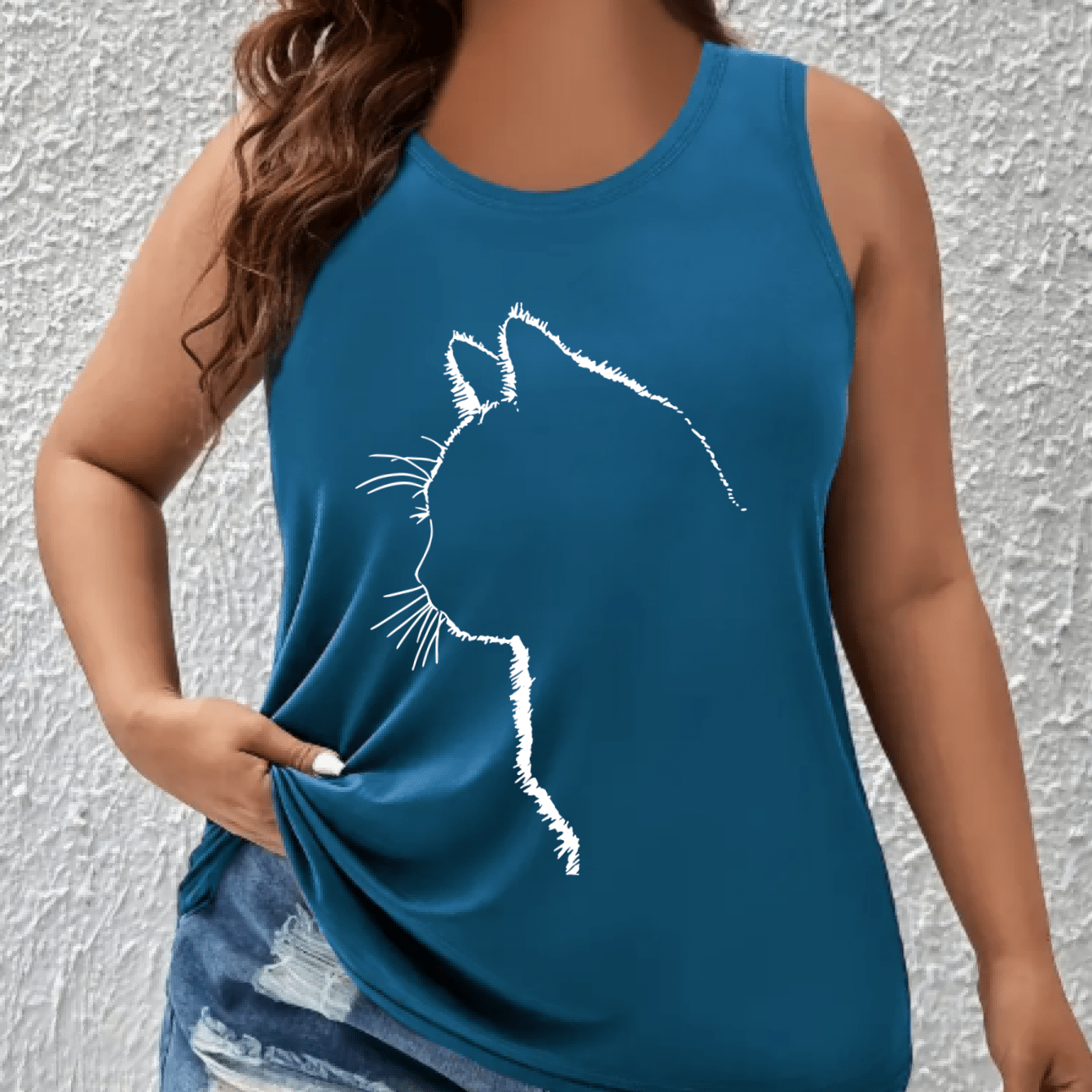 Plus Size Women's Off-Shoulder Vest Top Breathable Polyester Cat Print Green Sleeveless Shirt