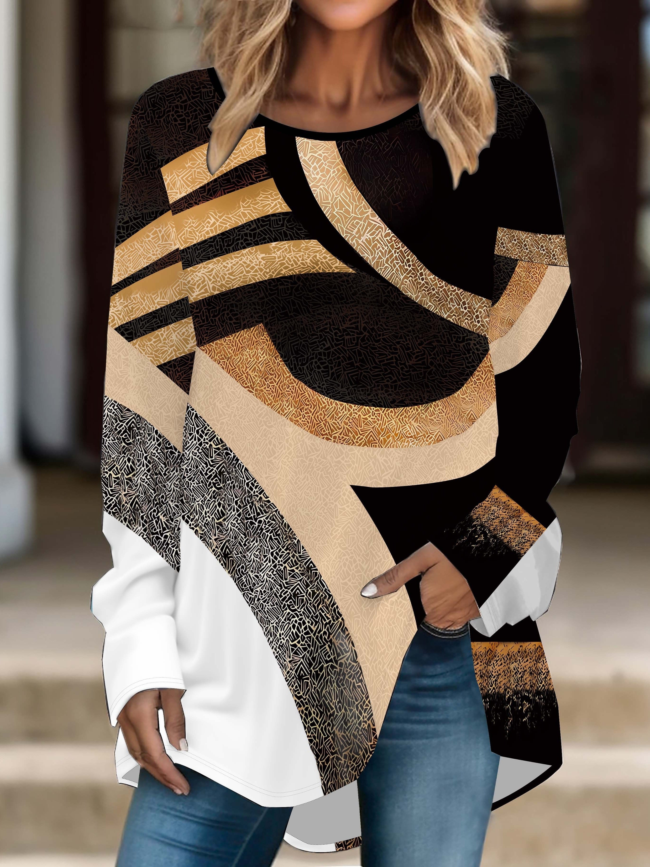 Plus Size Women's 3D Geometric Pattern Long Sleeve T-Shirt Polyester Stretch Fabric