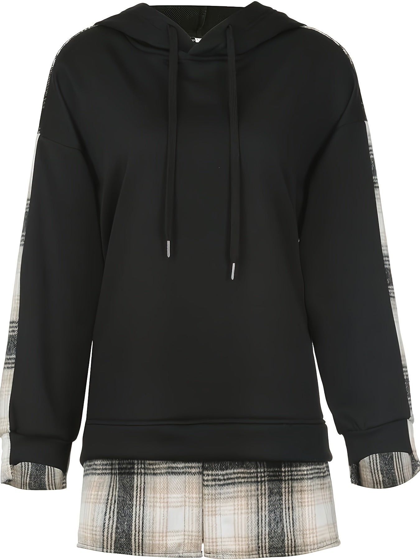 Women Plaid Patchwork Hoodie Cozy Polyester Long Sleeve Pullover with Kangaroo Pocket