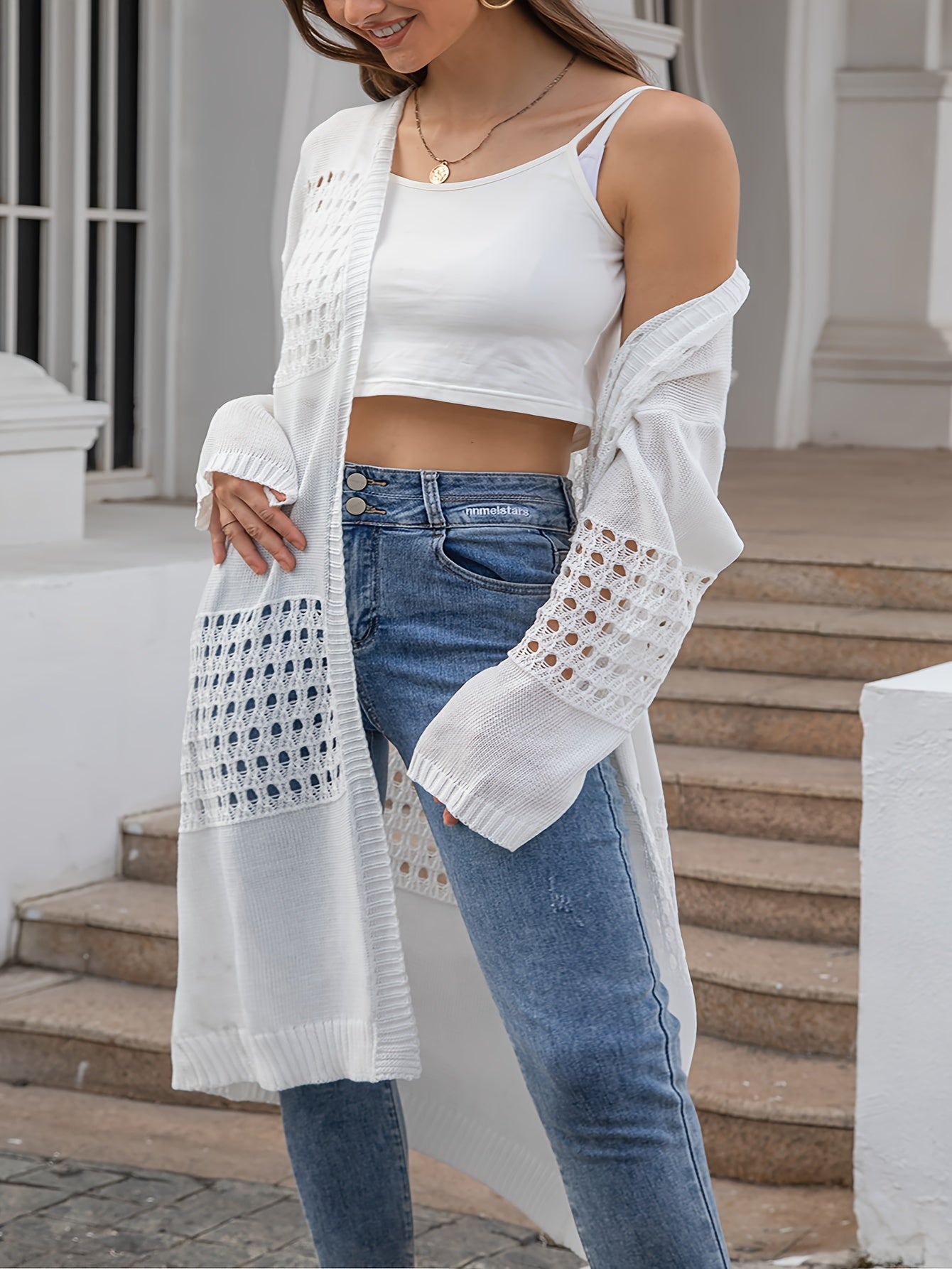 Cárdigan de punto para mujer talla grande con manga larga, abertura frontal y bordado, estilo flyaway