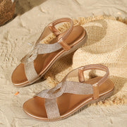 Women's Summer Flat Sandals Open Toe Striped Embroidered Braided Strap