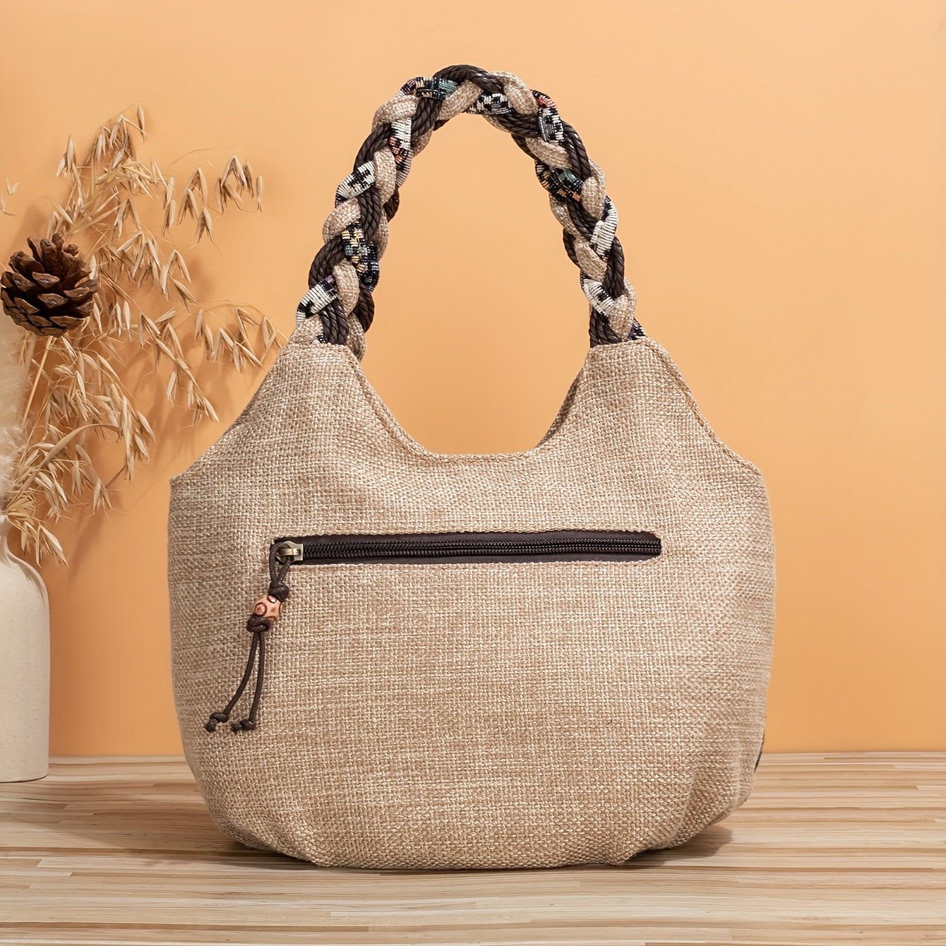 Handmade Floral Toiletry Bag with Braided Handles Multiple Compartments Zipper Closure