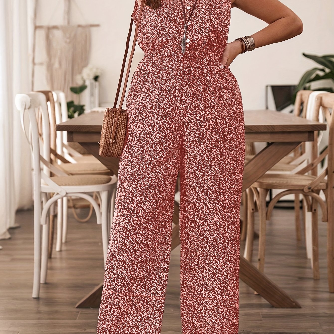 Plus Size Women's Summer Bohemian Casual Jumpsuit Floral Wide Leg Overalls
