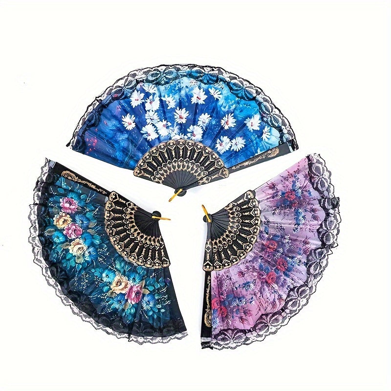 Black Lace-Trimmed Hand Fans with Vintage Floral Design for Summer Women Dance and Photo Props