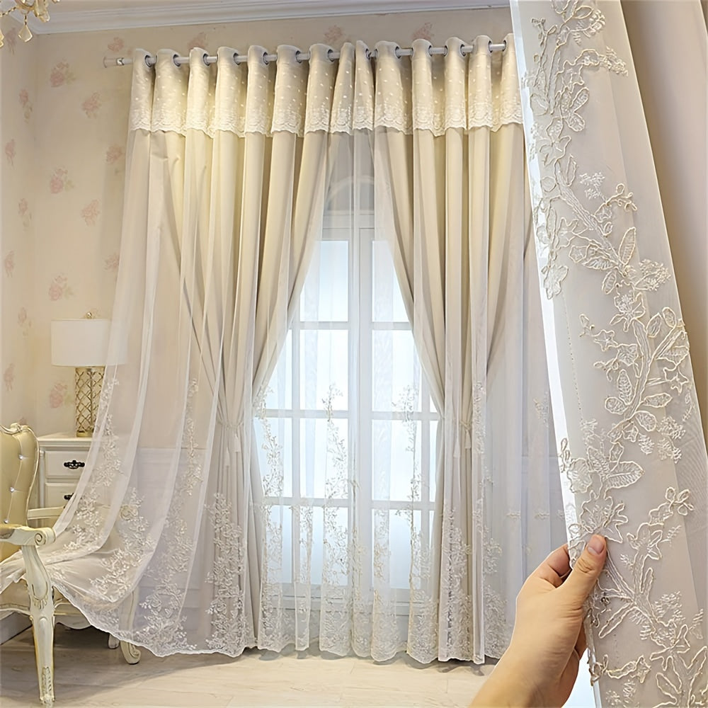 Double Layer Embroidery Curtain with Lace Grommet Top for Bedroom or Living Room Window Treatment