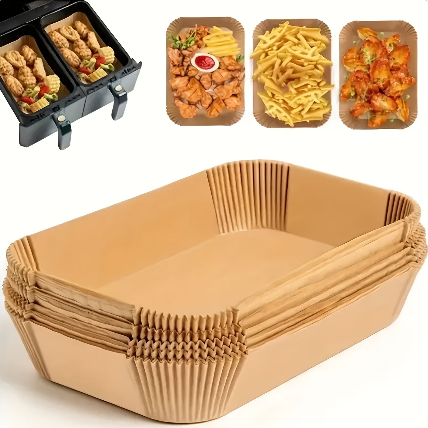 100 dona to'rtburchak shaklidagi havo frityur parchasi qog'oz qoplamalari - non-stick bir martalik pishirish idishlari, pechlar, oshxona asboblari va aksessuarlar uchun, kimyoviy moddalar ishlatilmagan materialdan tayyorlangan