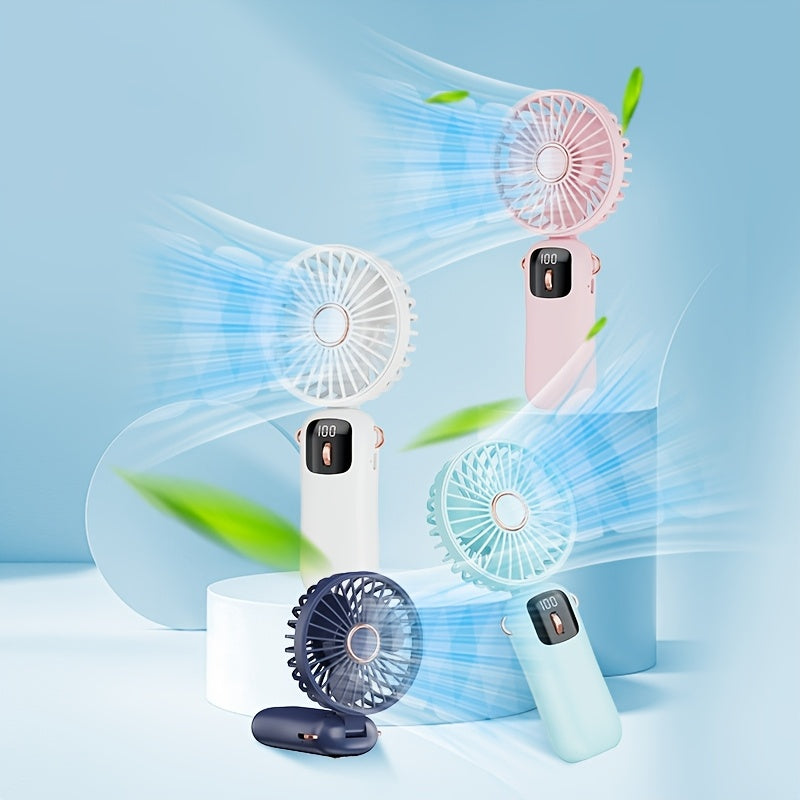 Handheld Fan with Phone Holder, Portable LED Display, Foldable, Adjustable Speeds