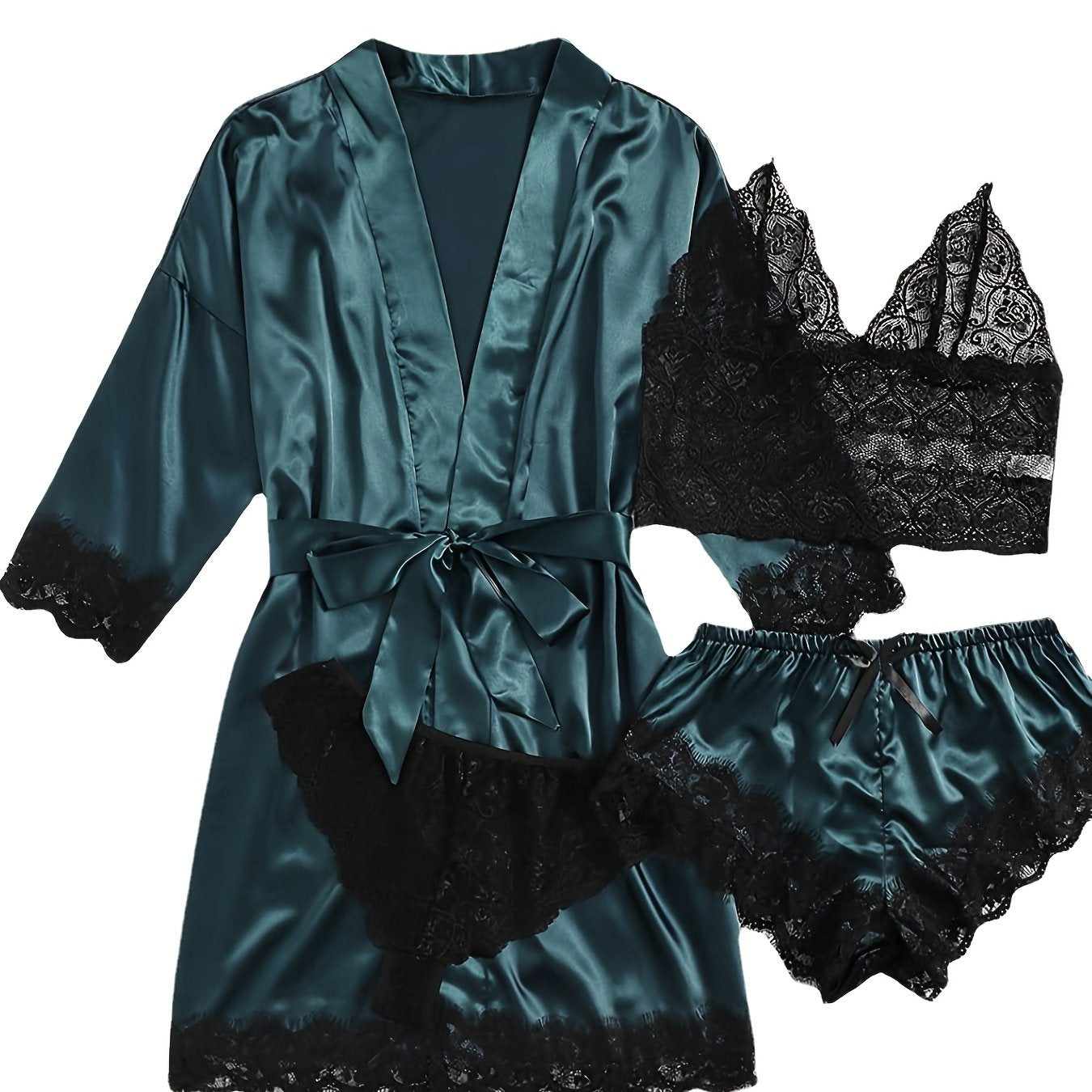 Women's Satin Pajama Set with Lace Detail 5-Piece Sleepwear with Belt in Multiple Colors