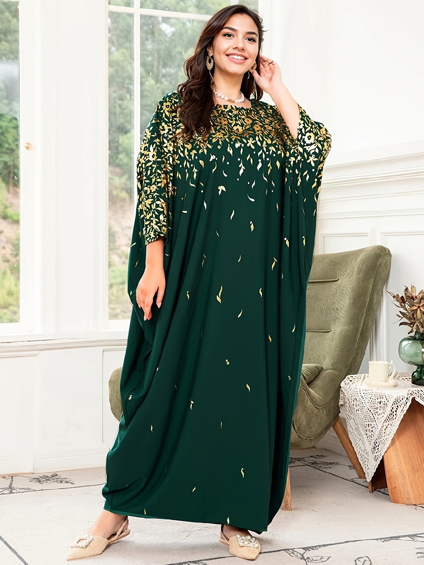 Women's Plus Size Floral Print Batwing Sleeve Maxi Dress