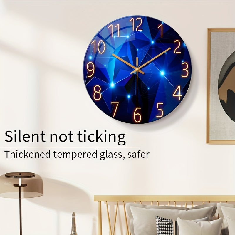 12"/14" Silent Wall Clock with Dark Blue Geometric Design. Made with 4mm Tempered Glass and Japanese Quartz Movement. Perfect for indoor and outdoor decor. Great gift option (Battery not included).