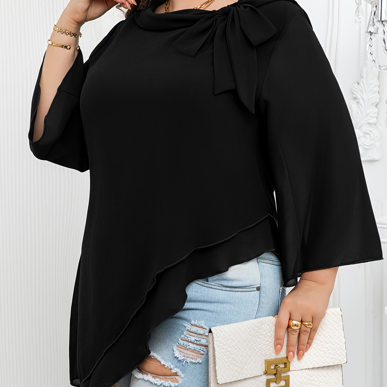 Women's Plus Size Blouse With Asymmetrical Hem Bow Ruffle Polyester Vacation Top
