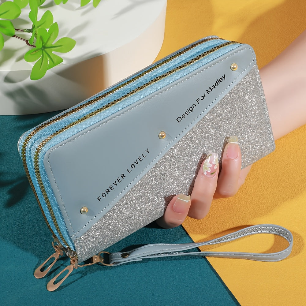 Длинный кошелек с цветными блоками, клатч с пайетками и слотами для карт для женщин