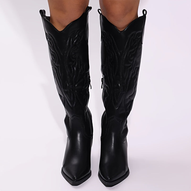 Women's Western Boots Black Knee-High Cowboy Cowgirl Embroidered Block Heel