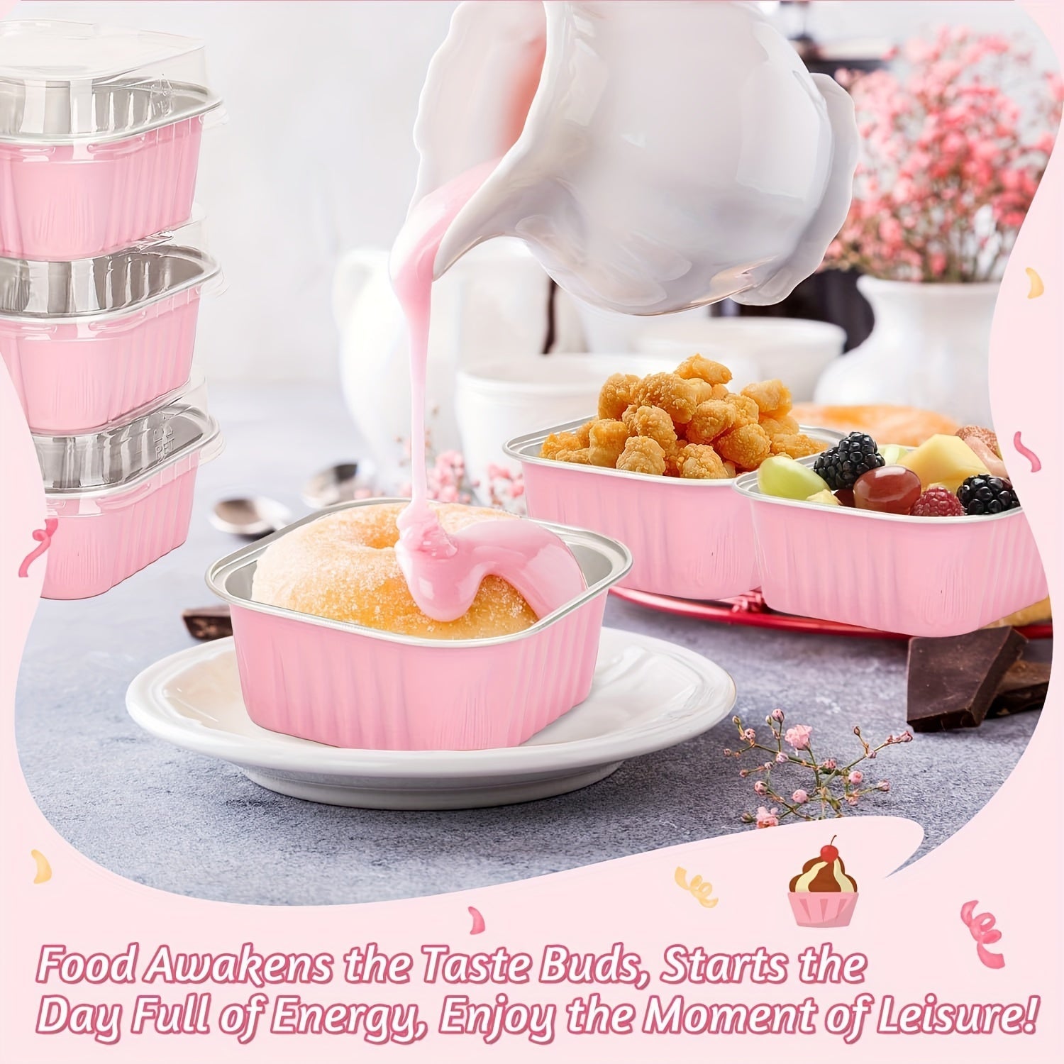 Mini Cake Pans Set 10 or 50 5oz Aluminum Square Baking Cups with Lids and Spoons