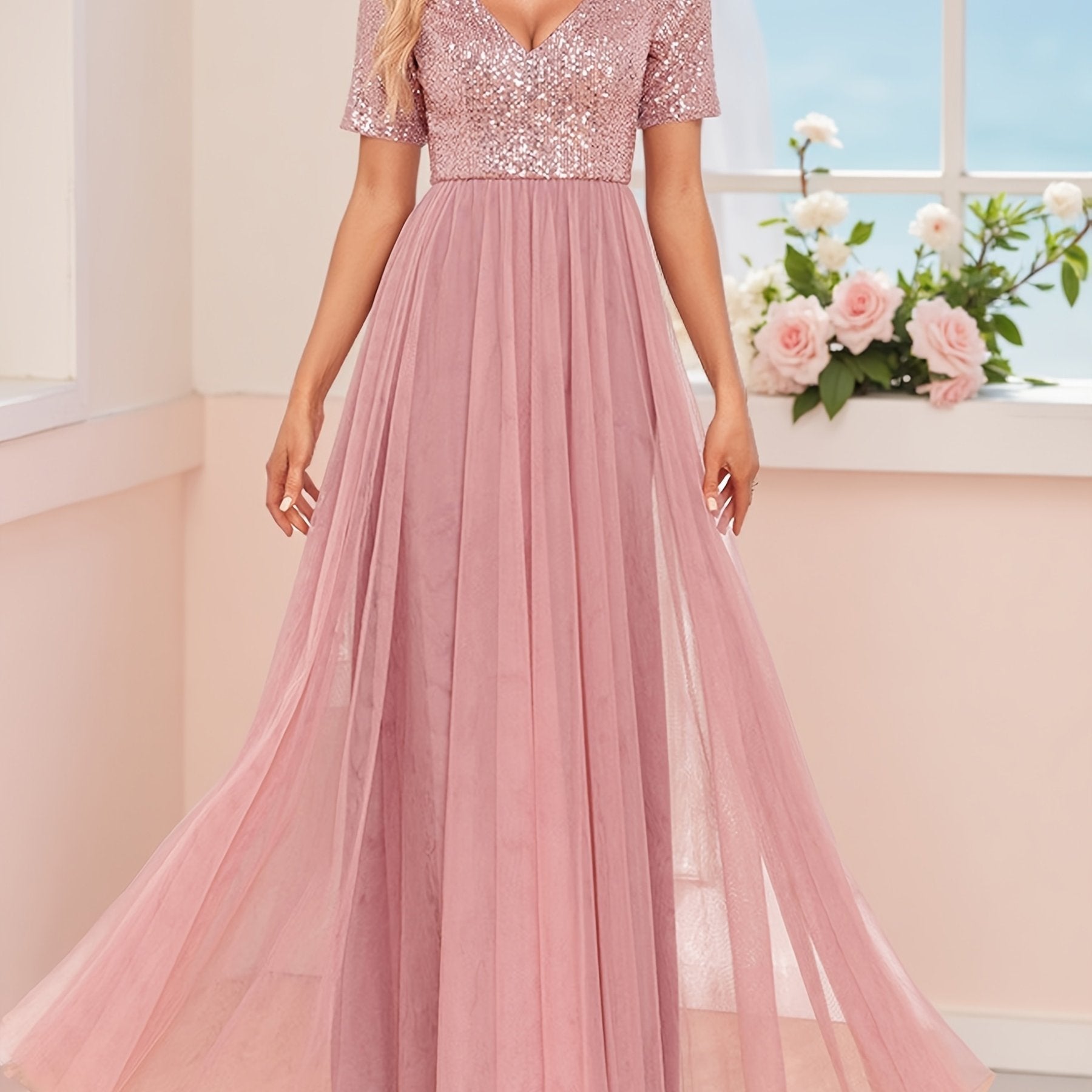 Plus Size Sequin Mesh Evening Gown V-Neck A-Line Party Dress