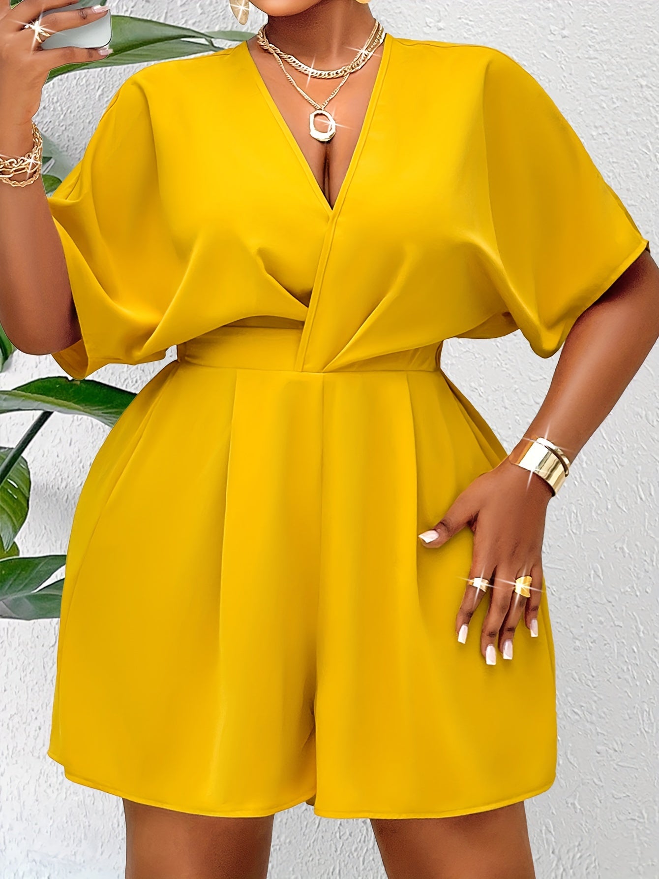 Women's Polyester Blend V-Neck Sleeveless Jumpsuit Summer Large Size