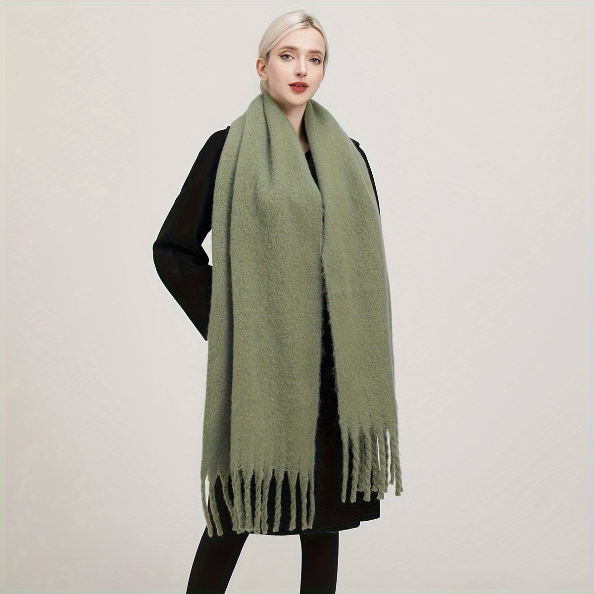 Women's Autumn Winter Solid Color Fringe Scarf Soft Windproof Large Shawl