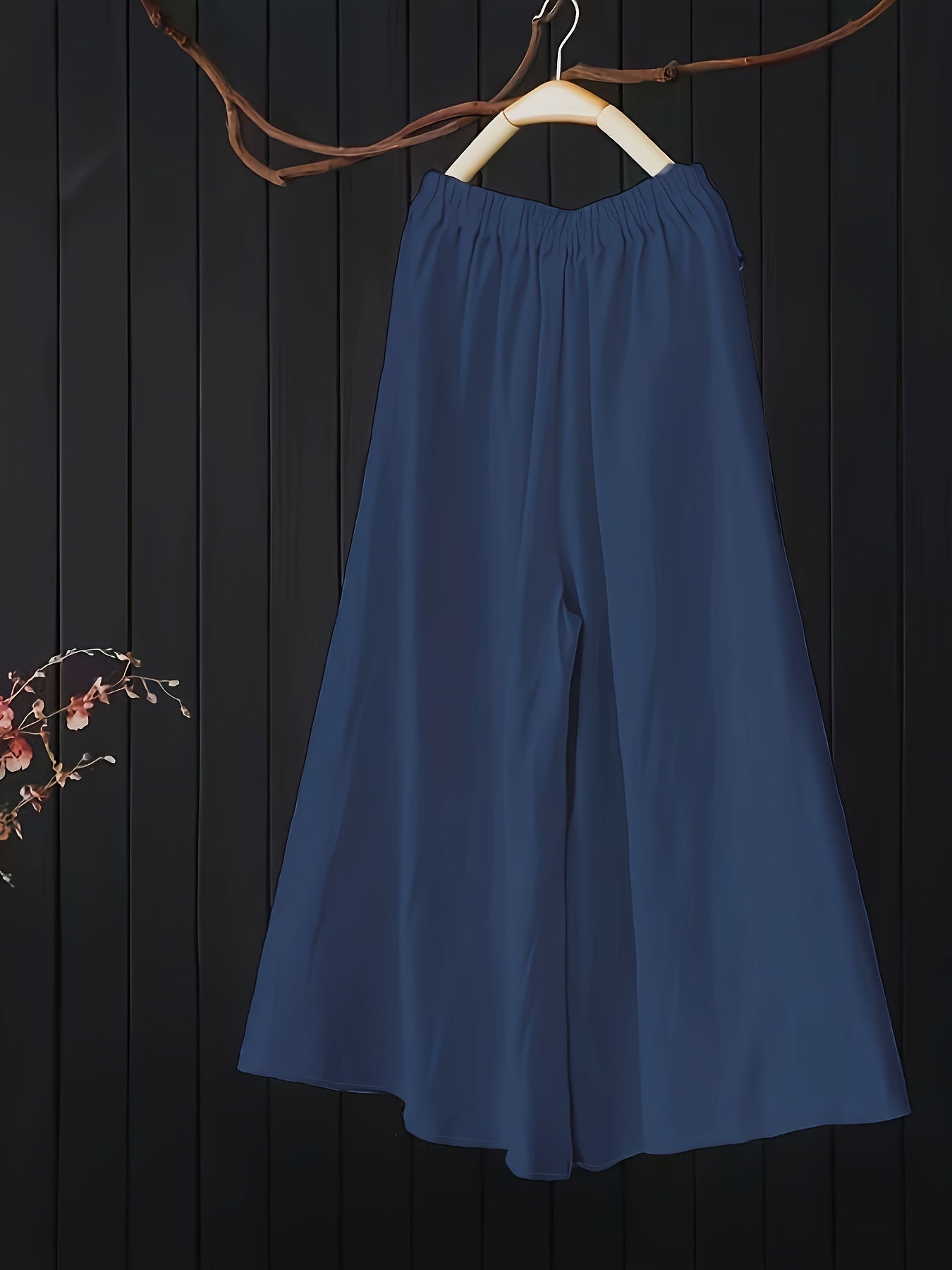 Plus Size Women's High Waist Wide Leg Pants Summer Casual Solid Blue Non-Stretch
