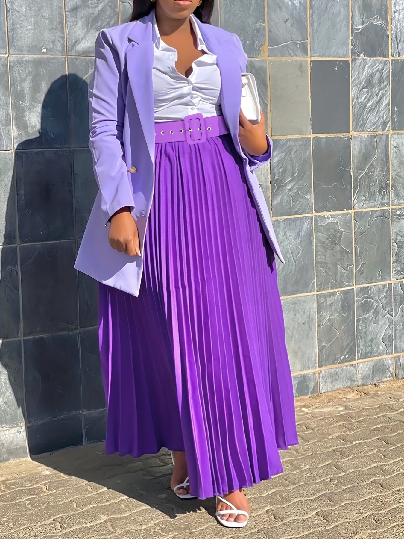 Plus-Size Elegant Midi Skirt With Belt Black Polyester Fashion