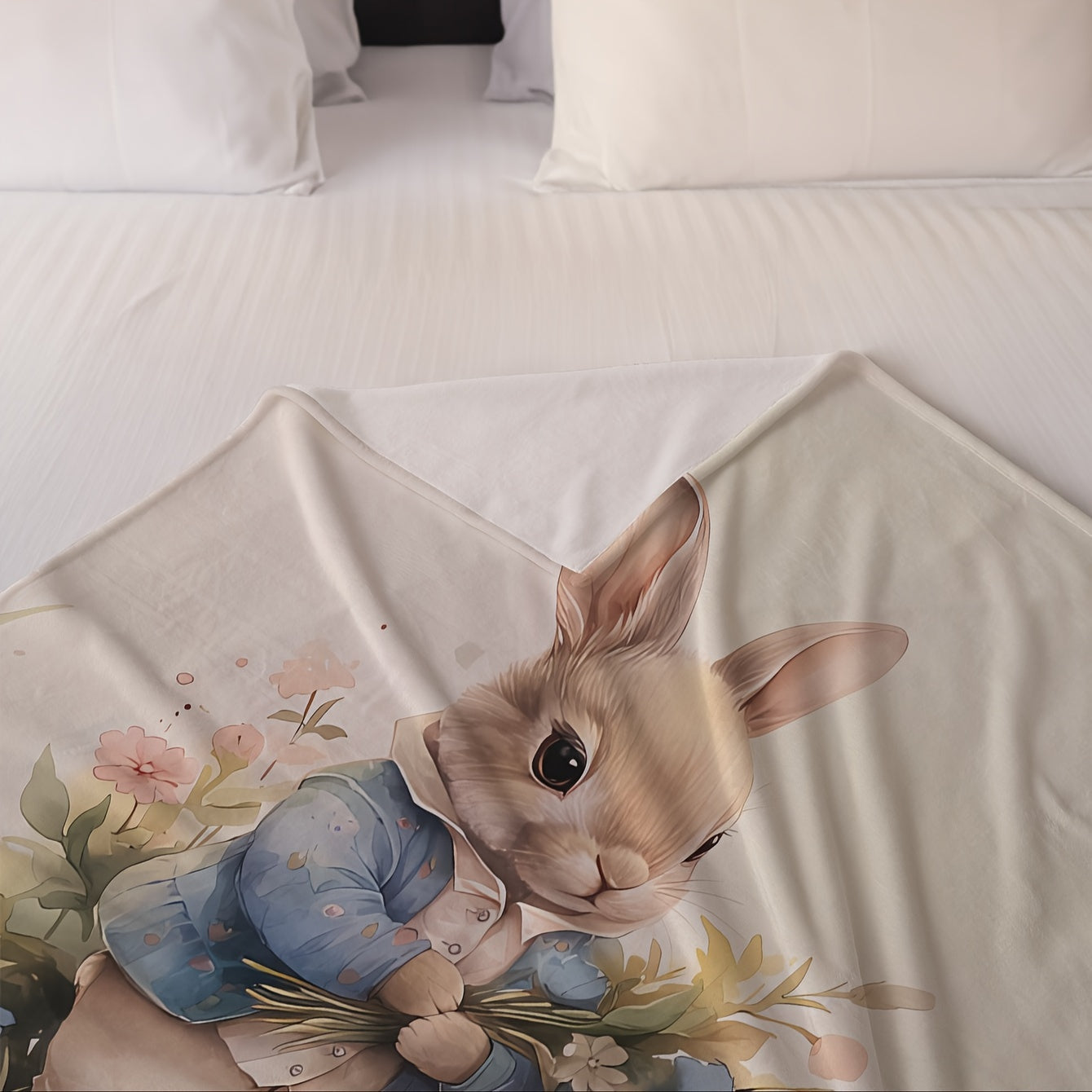 Cartoon Bunny Printed Blanket Soft Knit Polyester Coral Fleece Cozy Warm for Kids and Adults