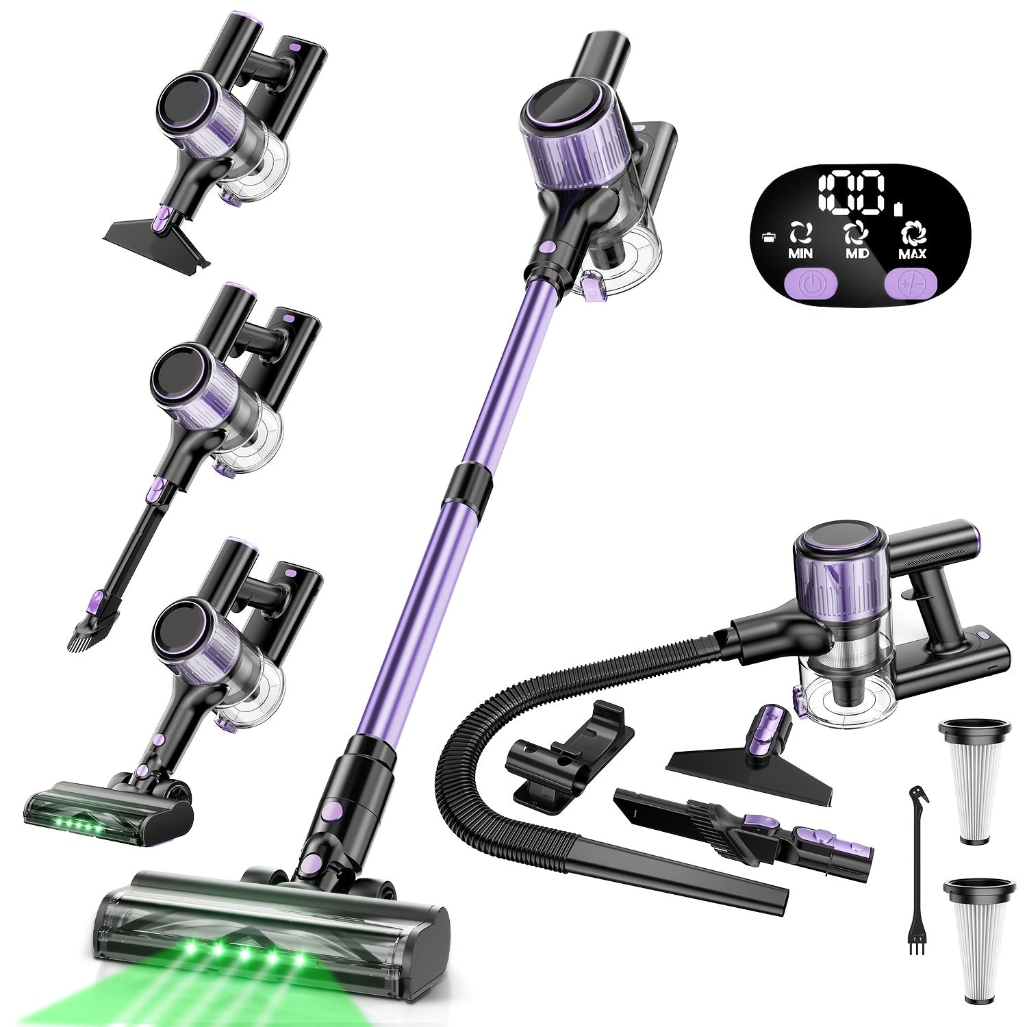 Purple Stick Vacuum Cleaner with LED Display Lithium Battery Wireless Connectivity Dusting Brush and Accessory Kit